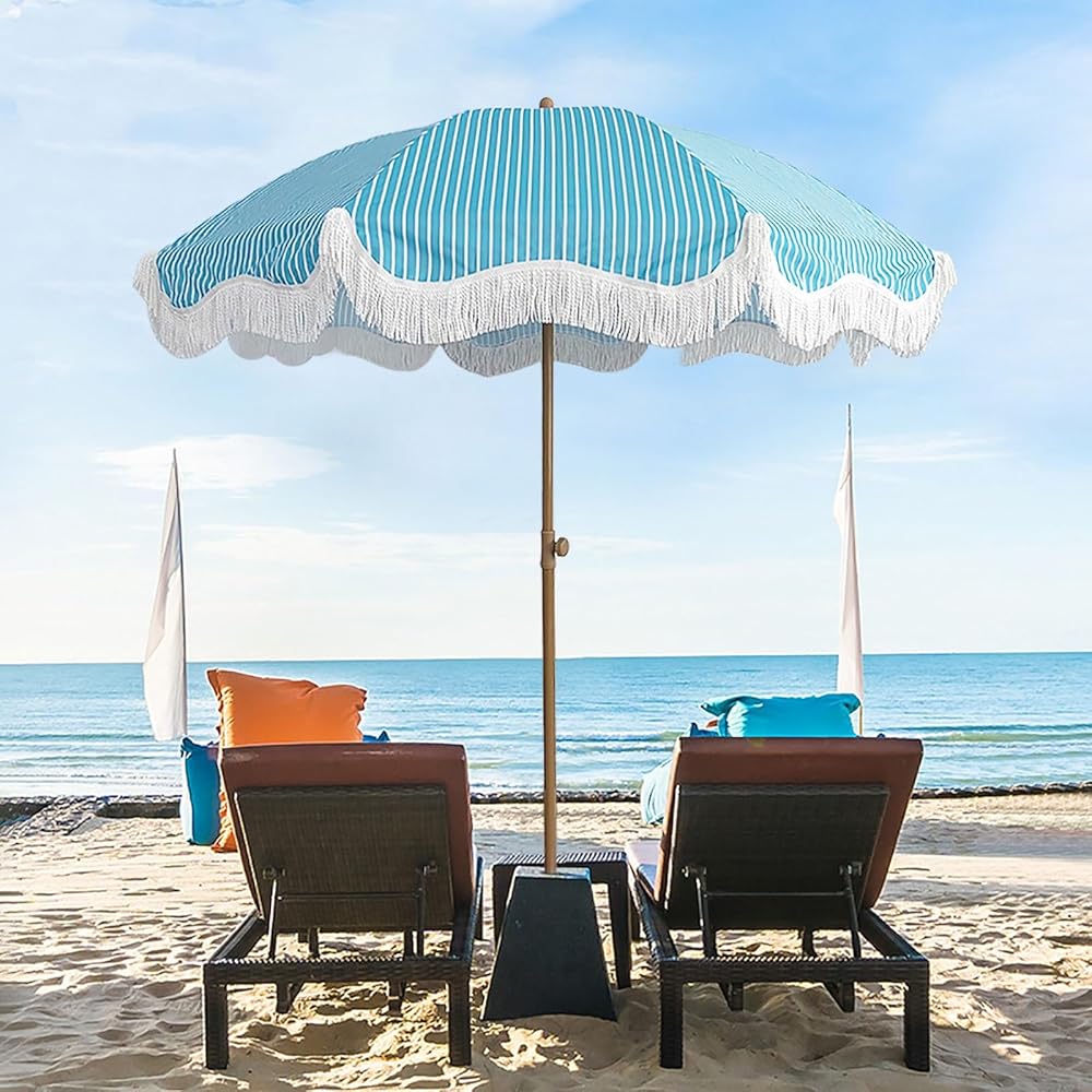 Blue Patio Umbrella 6.5ft White Stripe Boho Umbrella With Tassels Beach ...