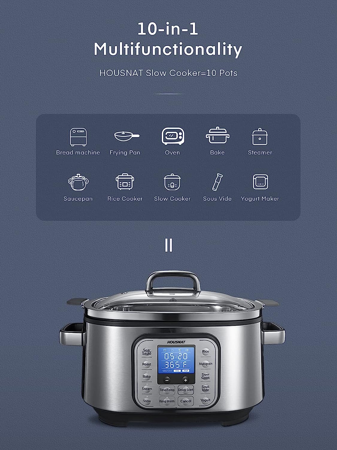 Slow Cooker, HOUSNAT 10 in 1 Programmable Cooker, 6Qt Stainless Steel, Rice Cooker, Yogurt Maker, Delay Start, Steaming Rack and Glass Lid, Adjustable Temp&Time for Slow Cook with Digital Timer