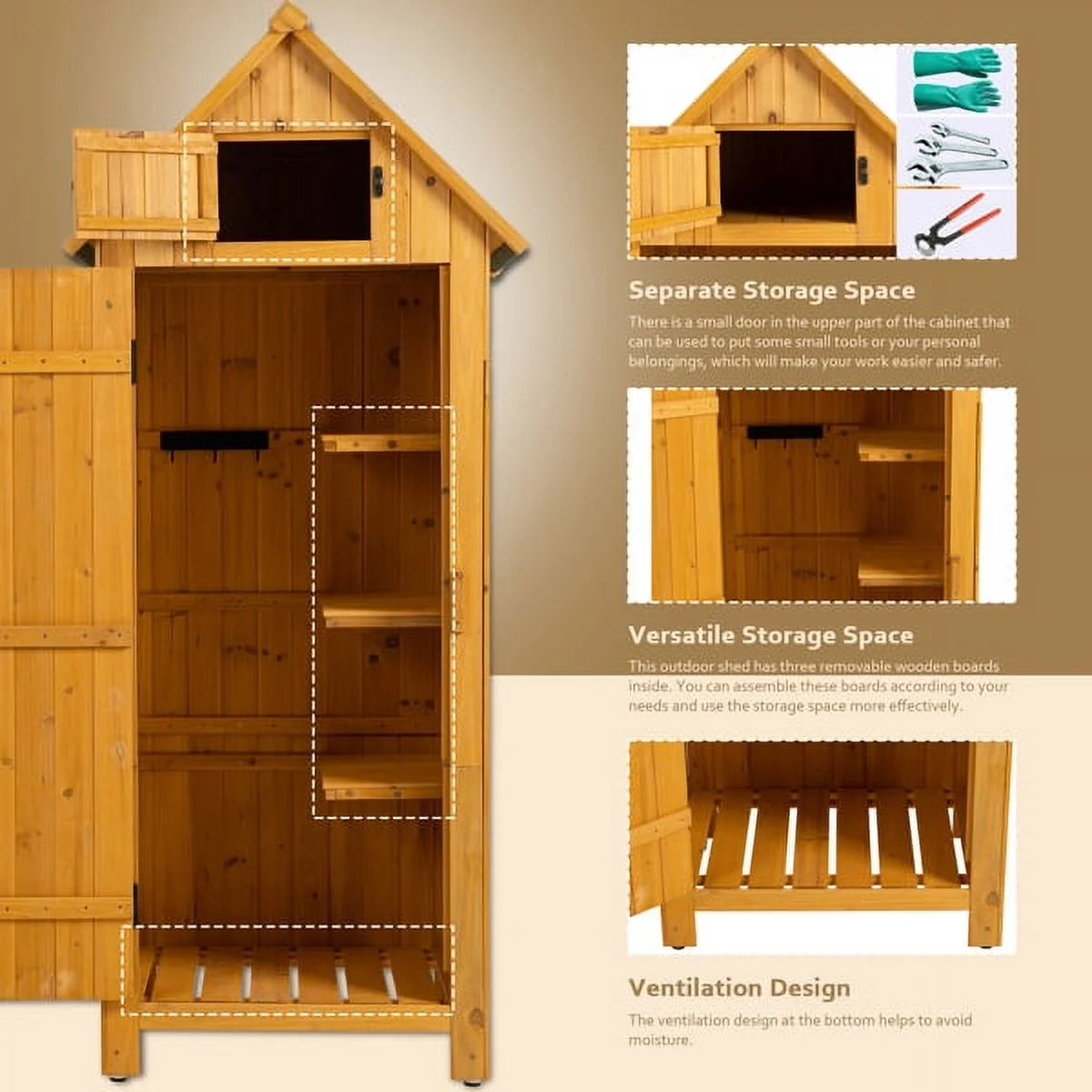 Outdoor Tool Storage Cabinet. Wooden Fir Garden Shed with Single Storage Door