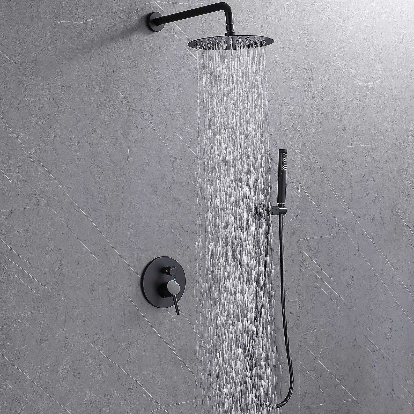 WELLFOR 10-in Rain Shower System Matte Black Dual Head Waterfall Built-In Shower Faucet System