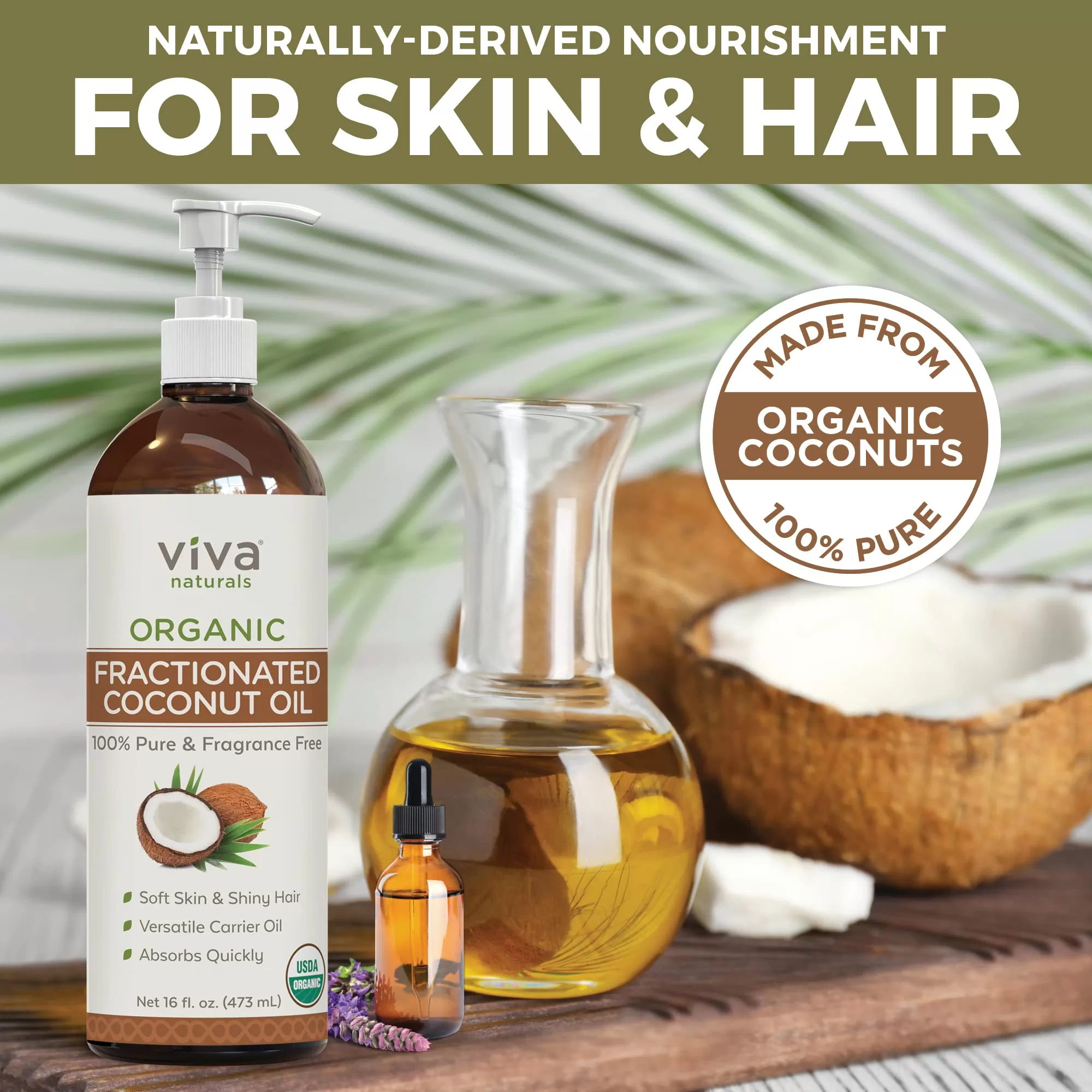 Viva Naturals Organic Fractionated Coconut Oil for Hair, Carrier Oil – 16 fl oz