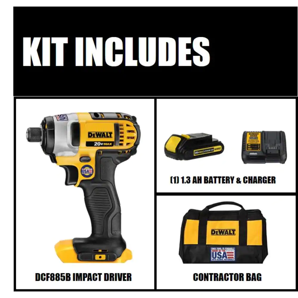DEWALT DCF885C1 20-Volt MAX Cordless 1/4 in. Impact Driver, (1) 20-Volt 1.3Ah Battery, Charger & Bag