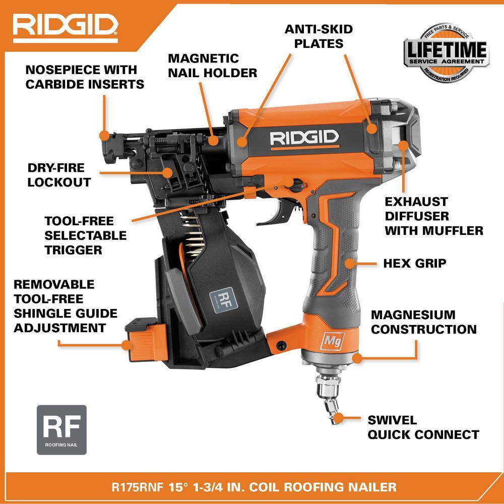 RIDGID R175RNF Pneumatic 15 Deg. 1-3/4 in. Coil Roofing Nailer