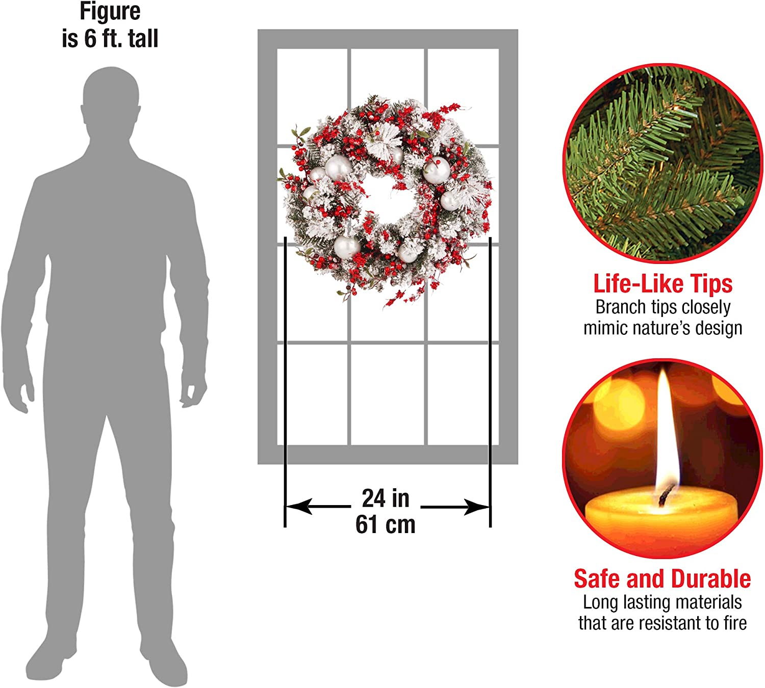 National Tree Company Artificial Christmas Wreath, Green, Evergreen, Decorated with Frosted Branches, Ball Ornaments, Berry Clusters, Christmas Collection, 24 Inches