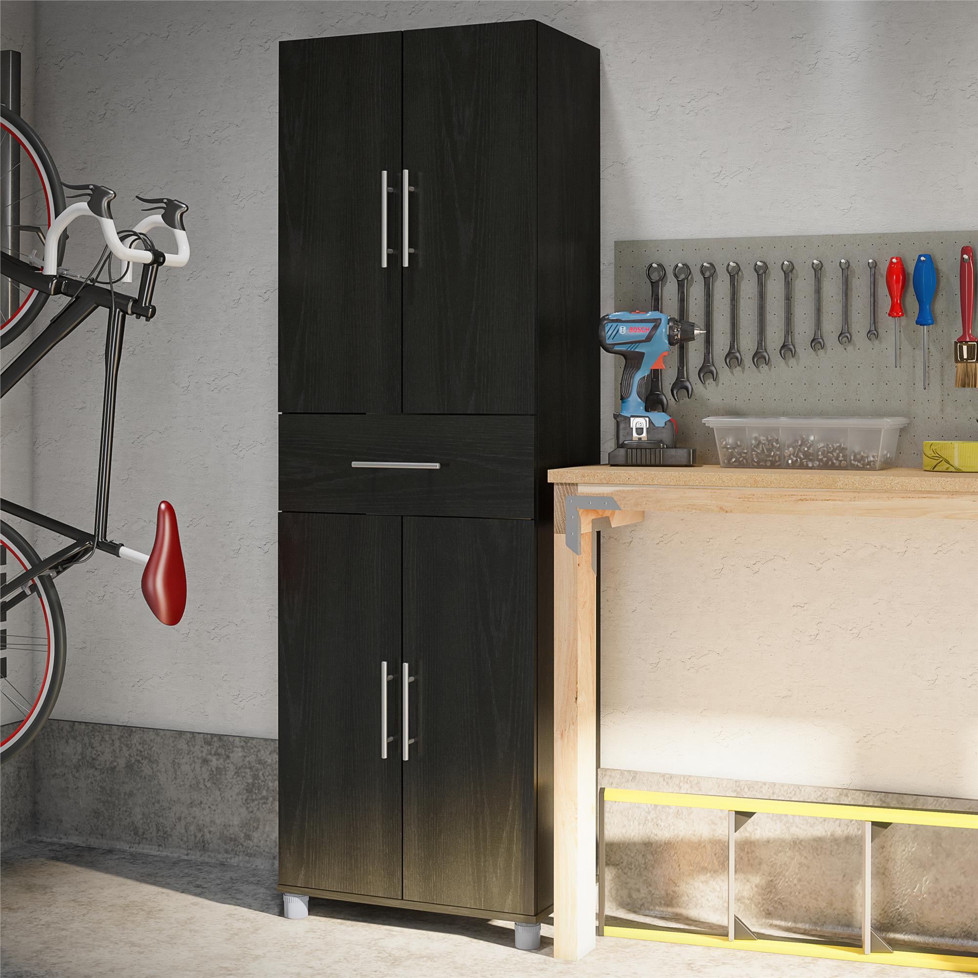 Systembuild Westford 4 Door/1 Drawer Storage Cabinet, Black Oak