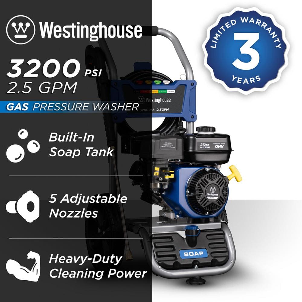 Westinghouse WPX3200 WPX 3200 PSI 2.5 GPM Gas Powered Axial Cam Pump Pressure Washer with Quick Connect Tips