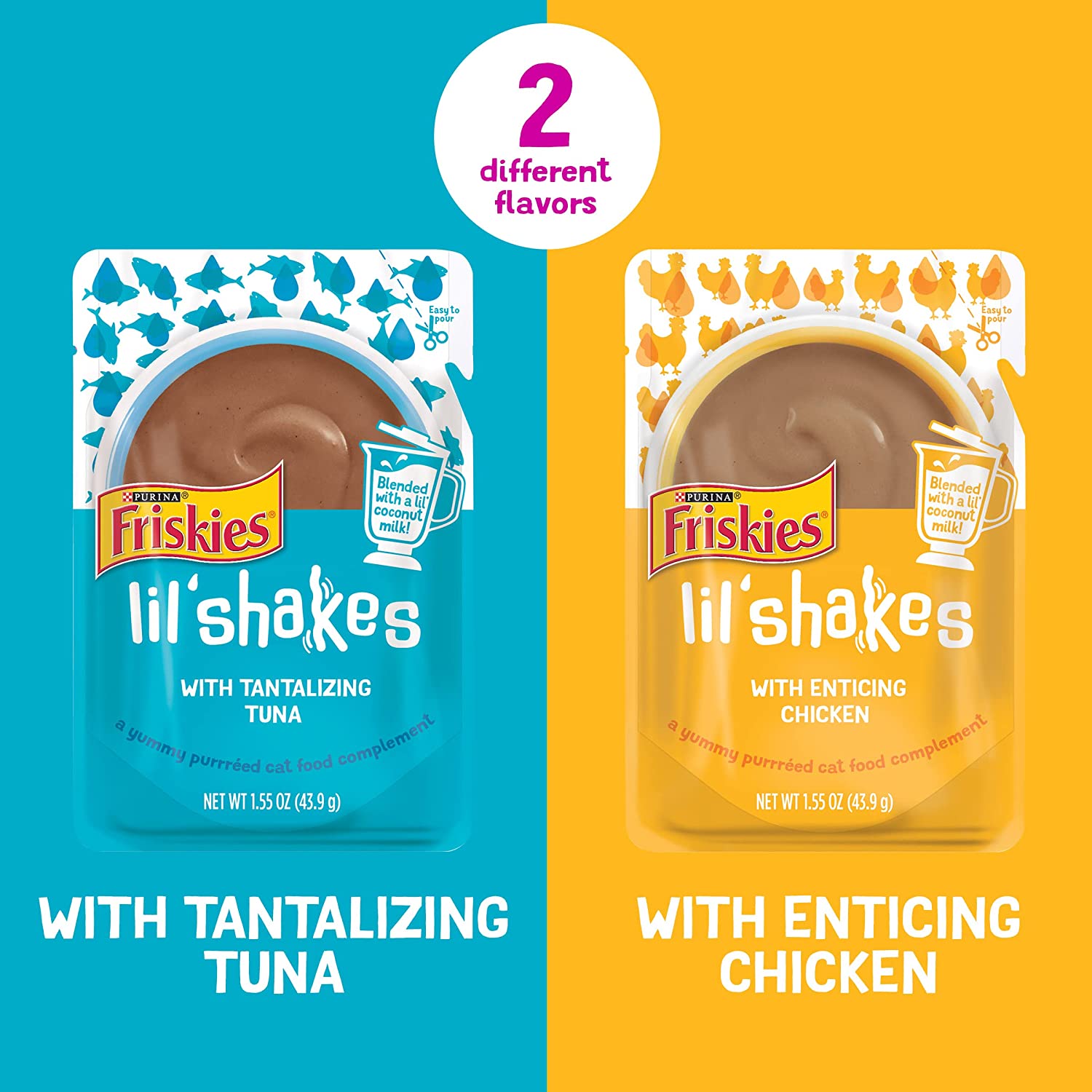 Purina Friskies Pureed Cat Food Topper Variety Pack Lil’ Shakes with Chicken and with Tuna Varieties – (18) 1.55 oz. Pouches