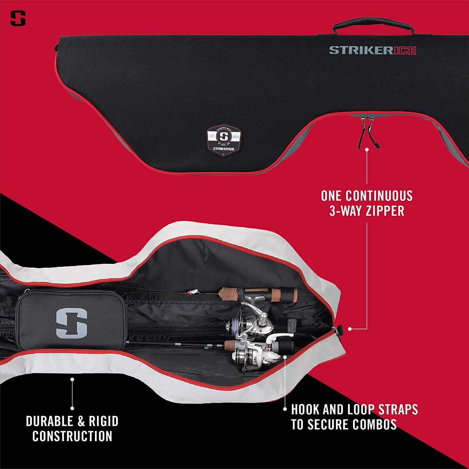 Striker Ice Fishing Rod Case, Portable and Protective Equipment Case, Holds up to Four 32-Inch to 38-Inch Ice Rods, Black