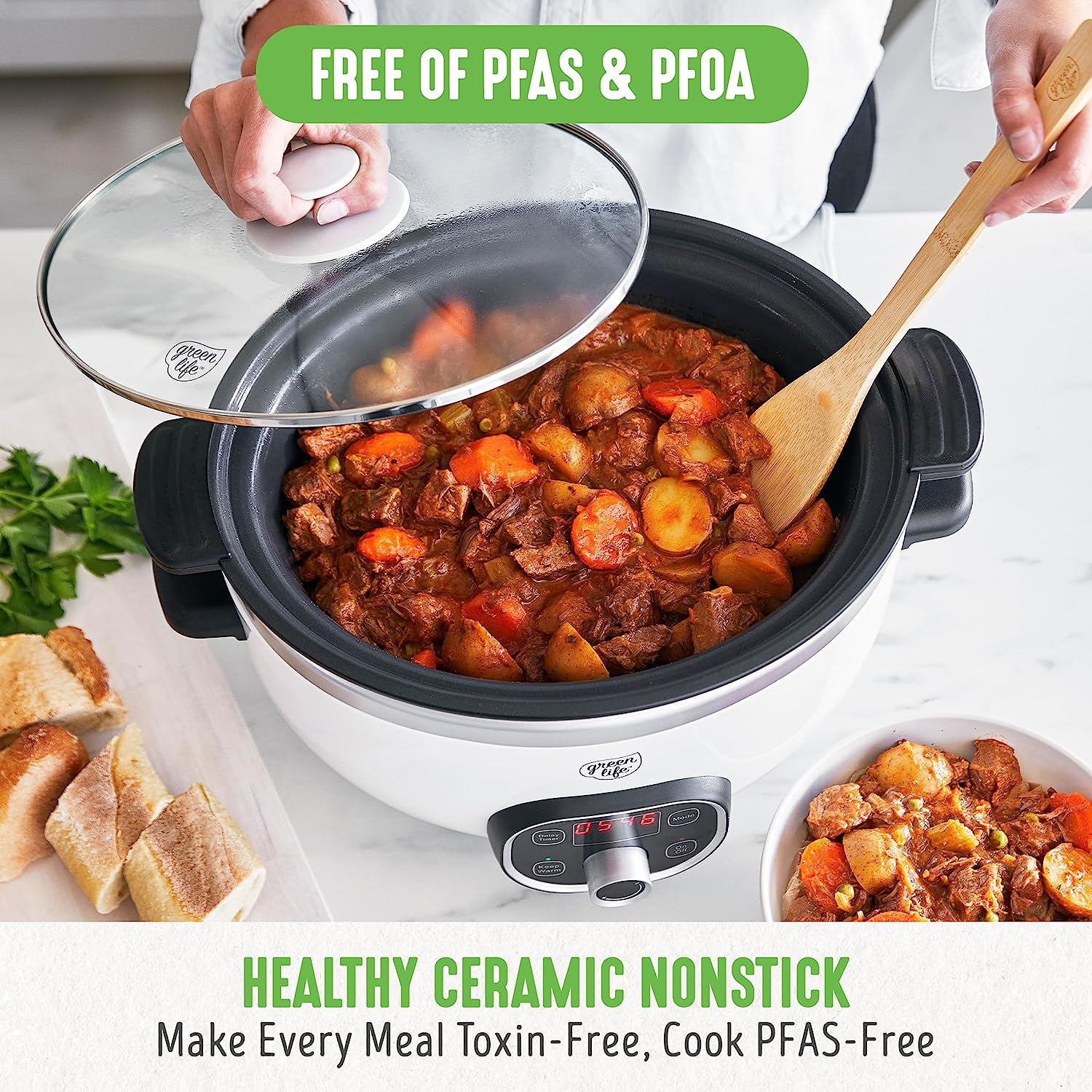 GreenLife Cook Duo Healthy Ceramic Nonstick Programmable 6 Quart Family-Sized Slow Cooker, PFAS-Free, Removable Lid and Pot, Digital Timer, Dishwasher Safe Parts, White