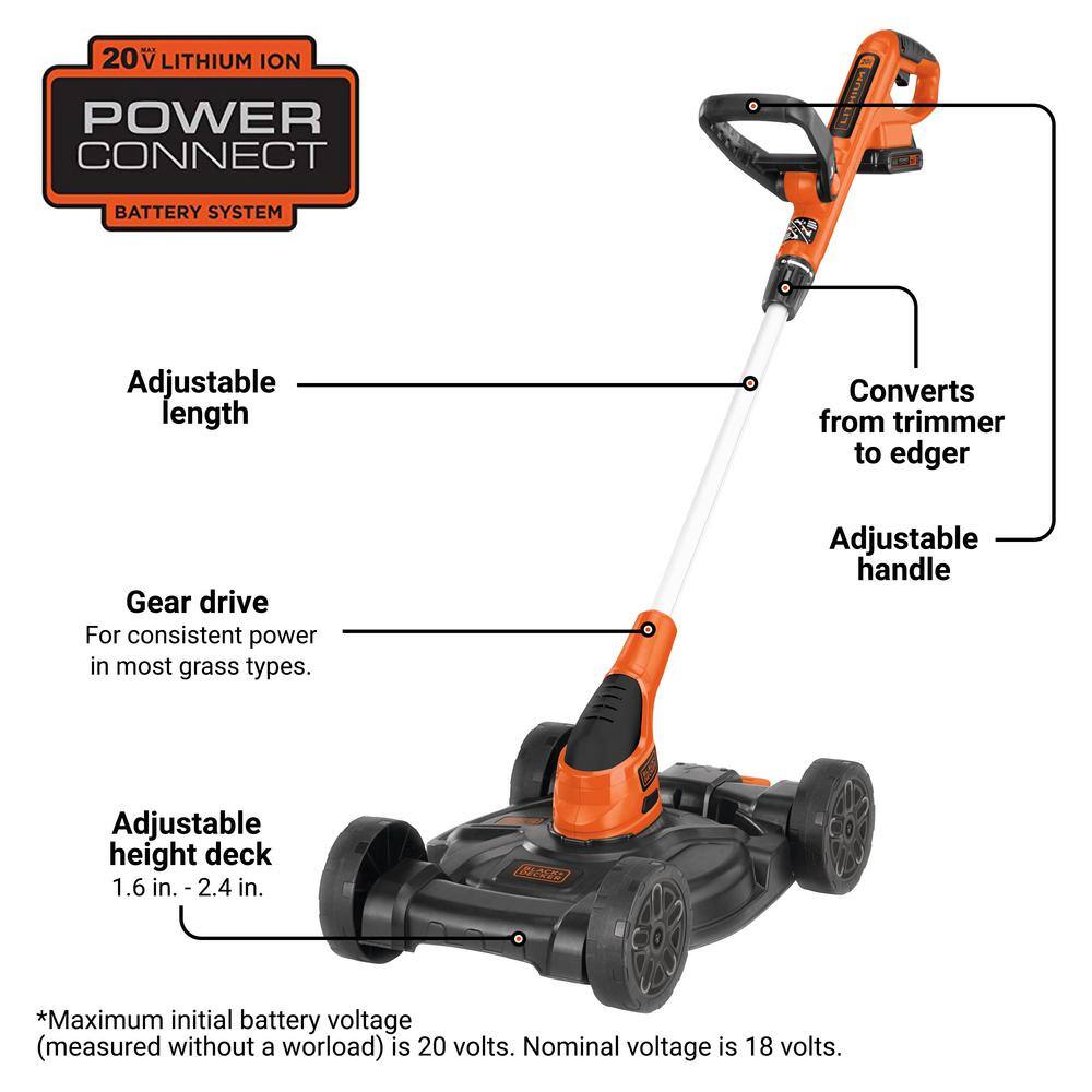 BLACK+DECKER MTC220 20V MAX Cordless Battery Powered 3-in-1 String Trimmer, Lawn Edger & Lawn Mower Kit with (2) 2Ah Batteries & Charger