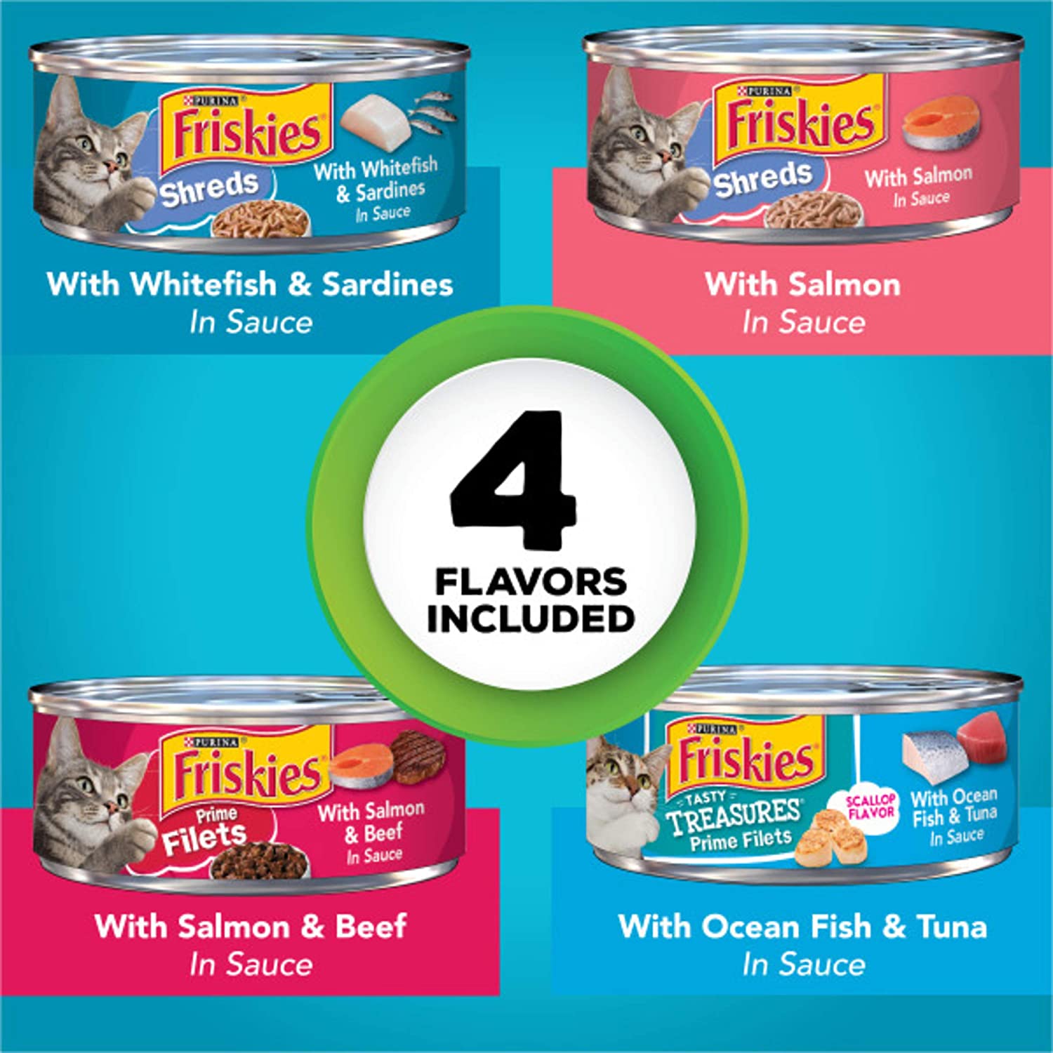 Purina Friskies Wet Cat Food Variety Pack Fish-A-Licious Shreds Prime Filets and Tasty Treasures – (32) 5.5 oz. Cans