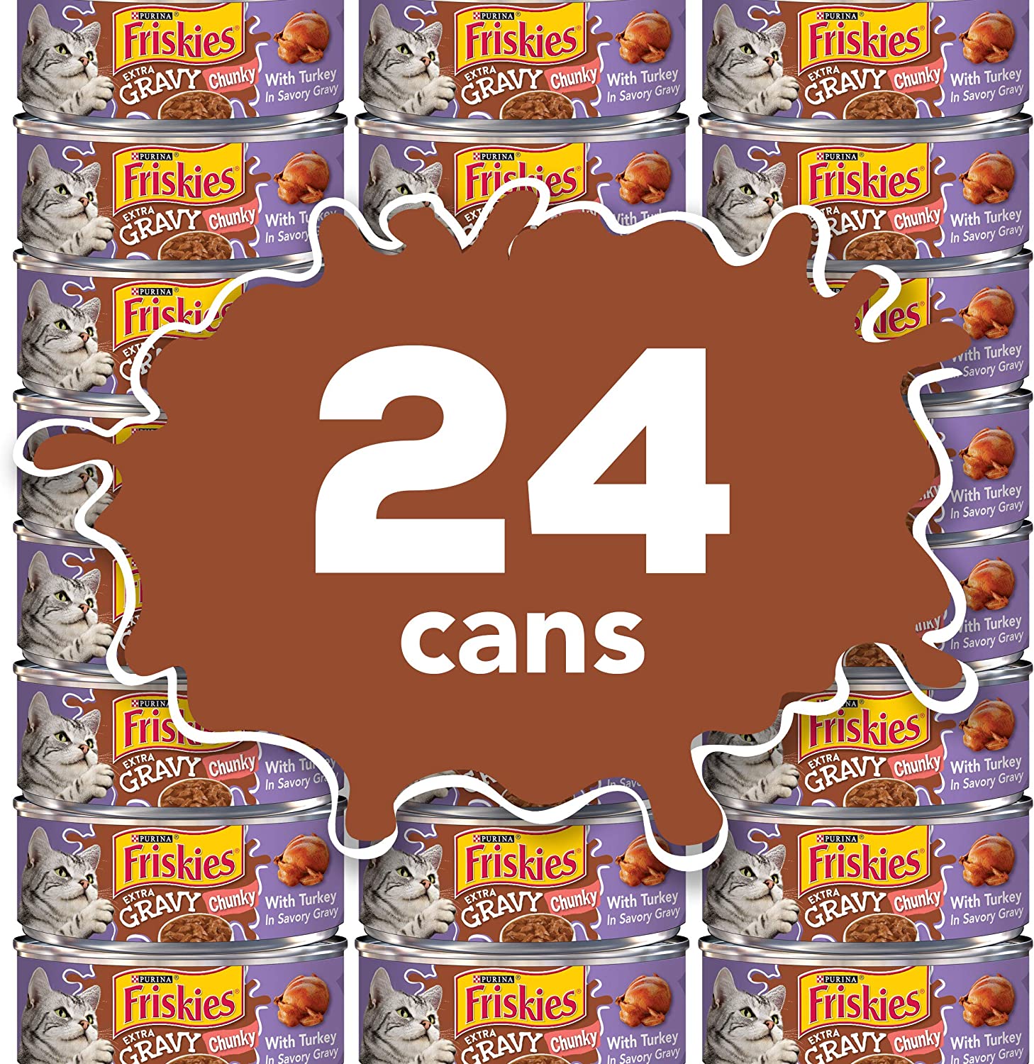 Purina Friskies Gravy Wet Cat Food Extra Gravy Chunky With Turkey in Savory Gravy – (24) 5.5 oz. Cans