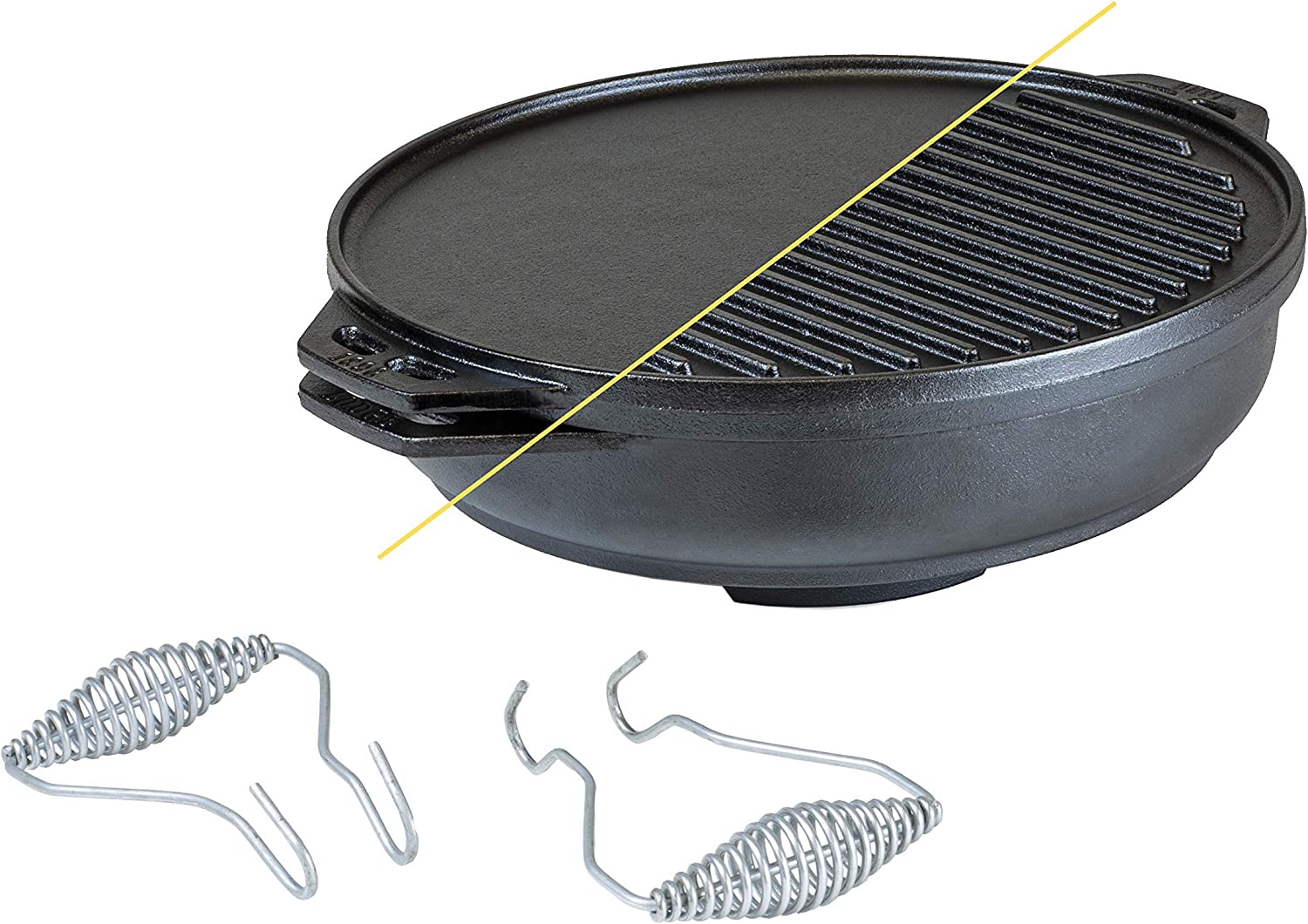 Lodge L14CIA Cast Iron Cook-It-All Kit. Five-Piece Cast Iron Set includes a Reversible Grill/Griddle 14 Inch, 6.8 Quart Bottom/Wok, Two Heavy Duty Handles, and a Tips & Tricks Booklet.