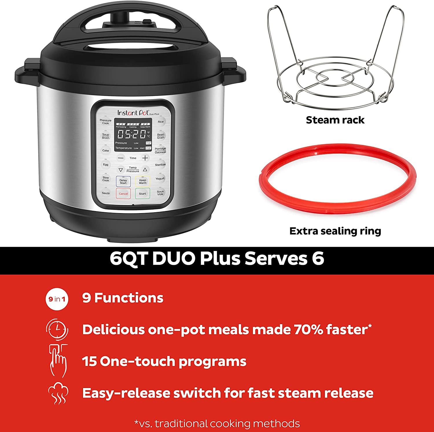 Instant Pot Duo Plus 9-in-1 Electric Pressure Cooker, Slow Cooker, Rice Cooker, Steamer, Sauté, Yogurt Maker, Warmer & Sterilizer, Includes Free App with over 1900 Recipes, Stainless Steel, 6 Quart