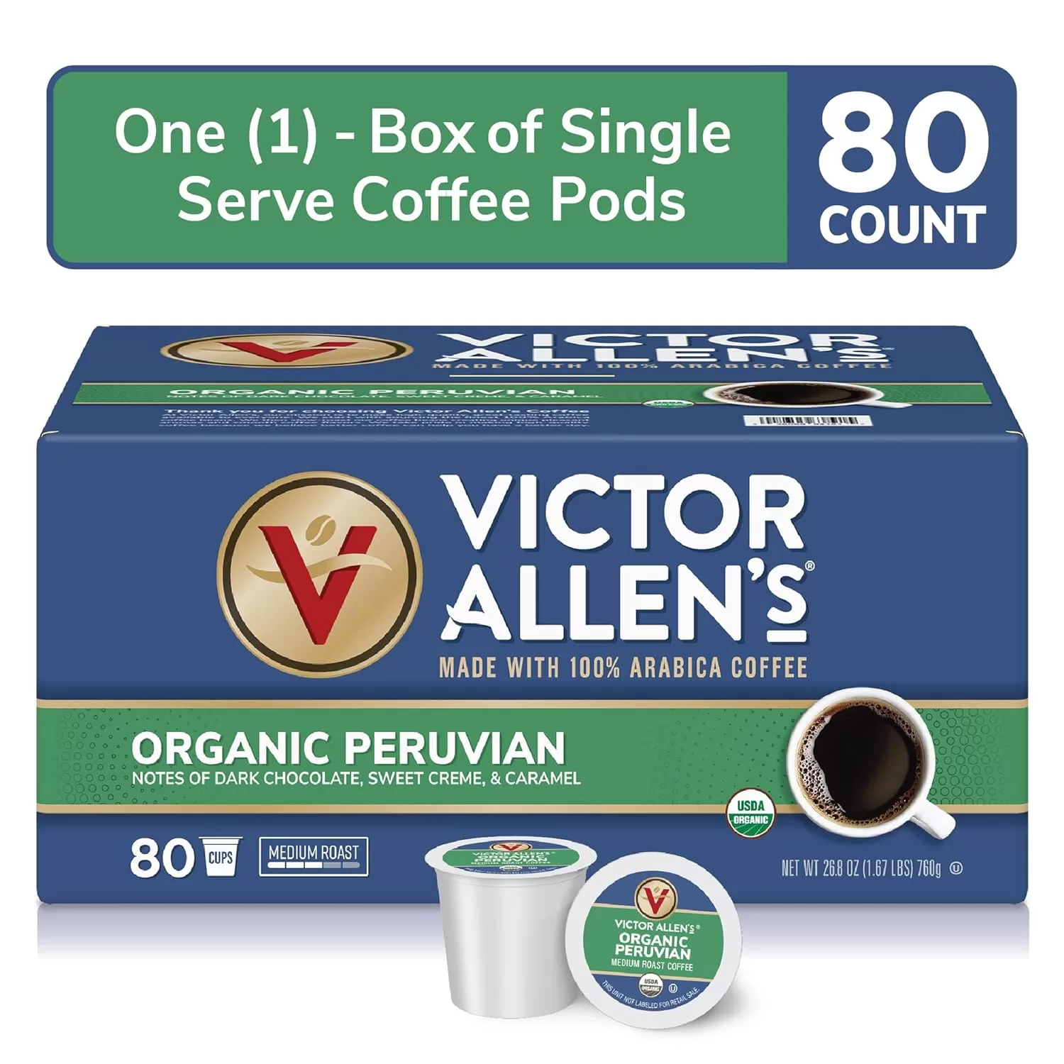 Victor Allen’s Coffee Organic Peruvian, Medium Roast, 80 Count, Single Serve Coffee Pods for Keurig K-Cup Brewers