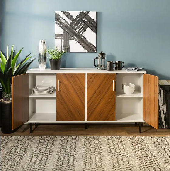 Walker Edison Furniture Company Hampton 58 in. Solid White and Teak Bookmatch Buffet Stand