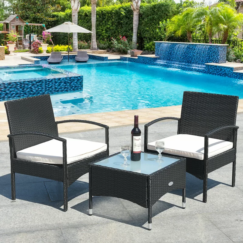 Costway HW62356 3-Piece Wicker Patio Conversation Set with Cushions Coffee Table & 2 Rattan Chair