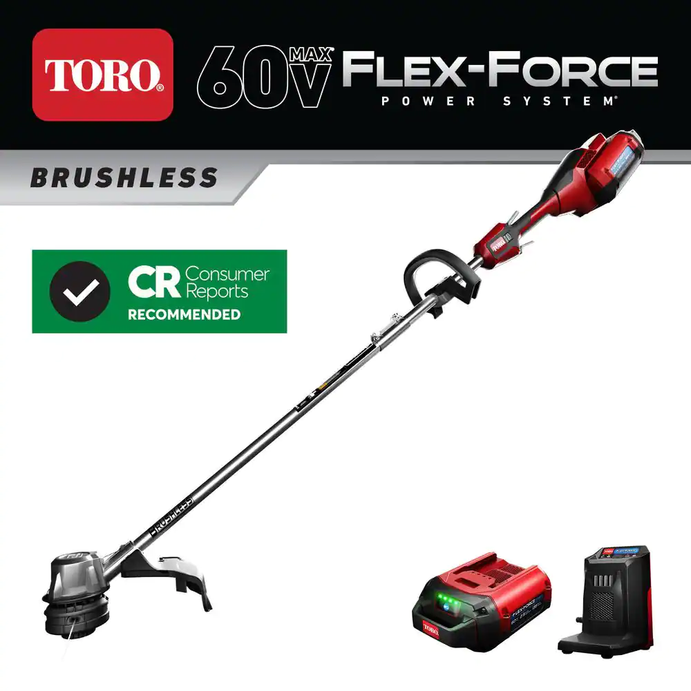 Toro 51830 60V Max Lithium-Ion Brushless Cordless 14 in./16 in. String Trimmer – 2.5 Ah Battery and Charger Included