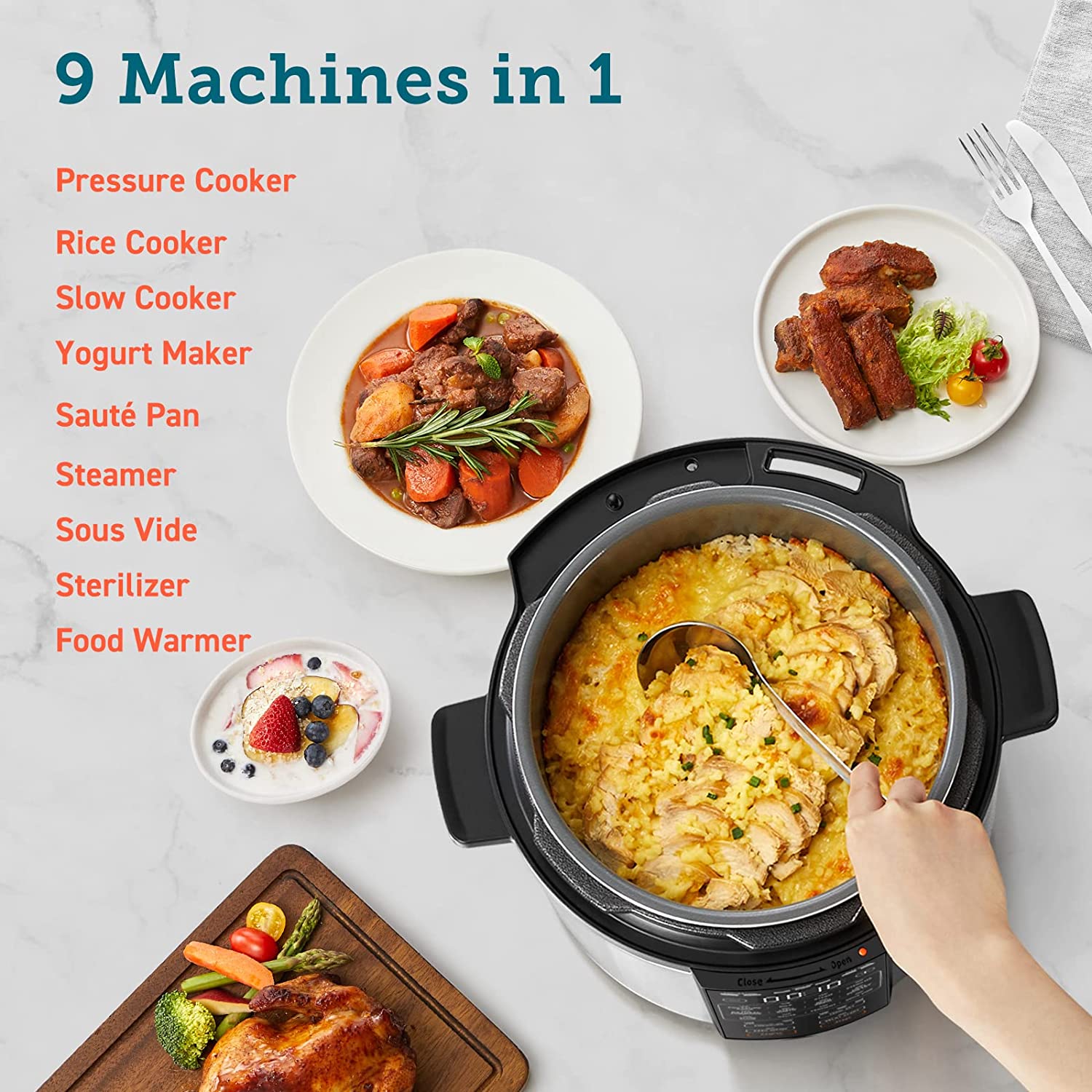 COSORI Electric Pressure Cooker 6 Quart, 9-in-1 Instant Multi Cooker, 13 Presets, Rice Slow Cooker, Sauté, Sous Vide, Sterilizer, Recipes, 1100W, Stainless Steel, Olla de Presion Electrica Multiuso