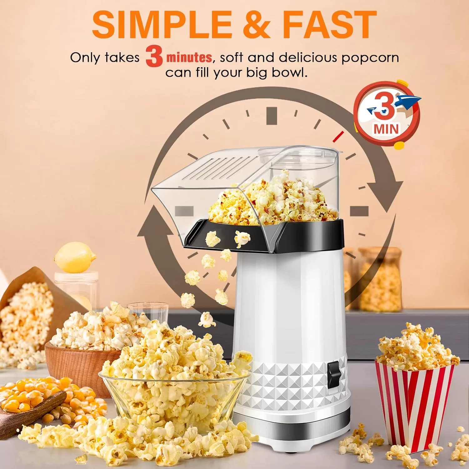 Vminno 1200W Fast Hot Air Popcorn Popper – 4.5 Quarts, Electric Popcorn Machine