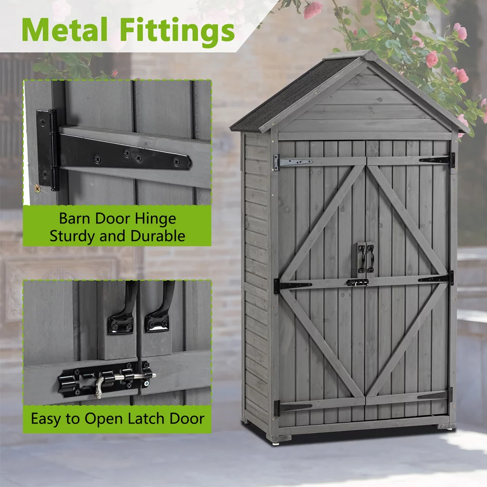 Outdoor Storage Cabinet Garden Wood Tool Shed Outside Wooden Closet with Shelves and Latch