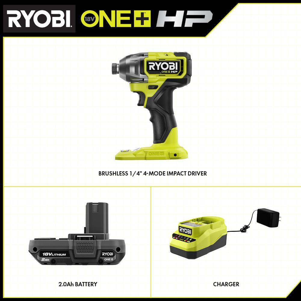 RYOBI PBLID02B-PSK005 ONE+ HP 18V Brushless Cordless 1/4 in. 3-Speed Impact Driver with 2.0 Ah Battery and Charger