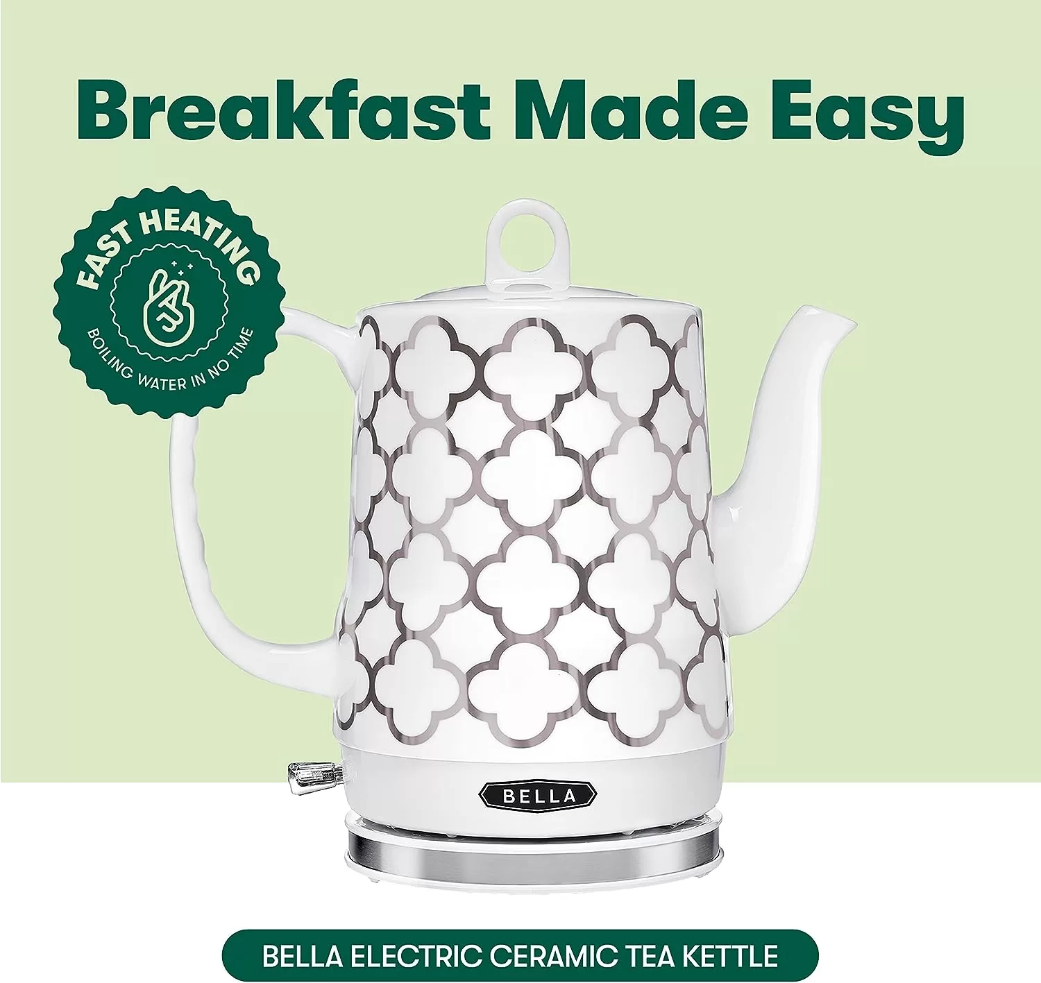 BELLA Electric Kettle & Tea Pot – Ceramic Water Heater, 1.2 Liter, Silver Tile Pattern