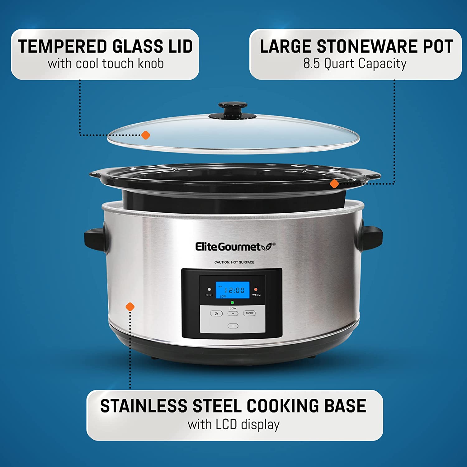 Elite Gourmet MST-900D Digital Programmable Slow Cooker, Oval Adjustable Temp, Entrees, Sauces, Stews & Dips, Dishwasher Safe Glass Lid & Crock (8.5 Quart, Stainless Steel)
