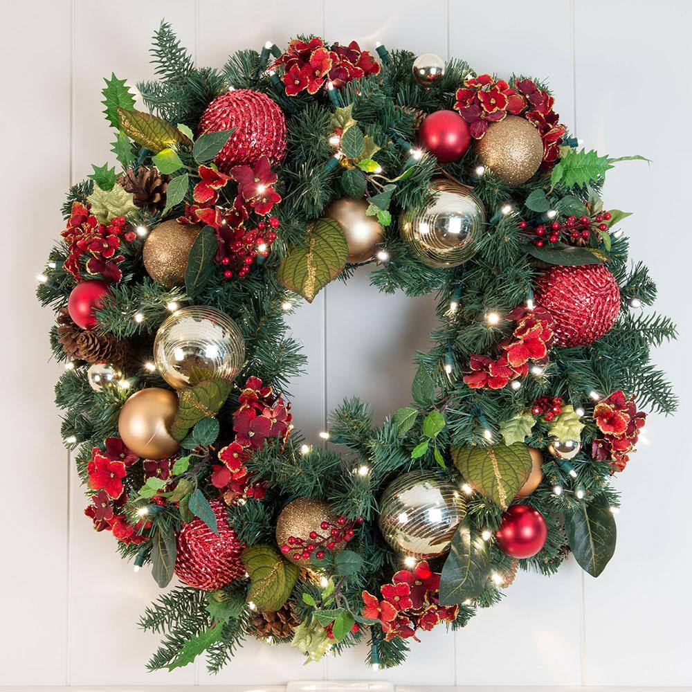 Village Lighting Company V-11090 30 in. Artificial Pre-Lit LED Scarlet Hydrangea Wreath