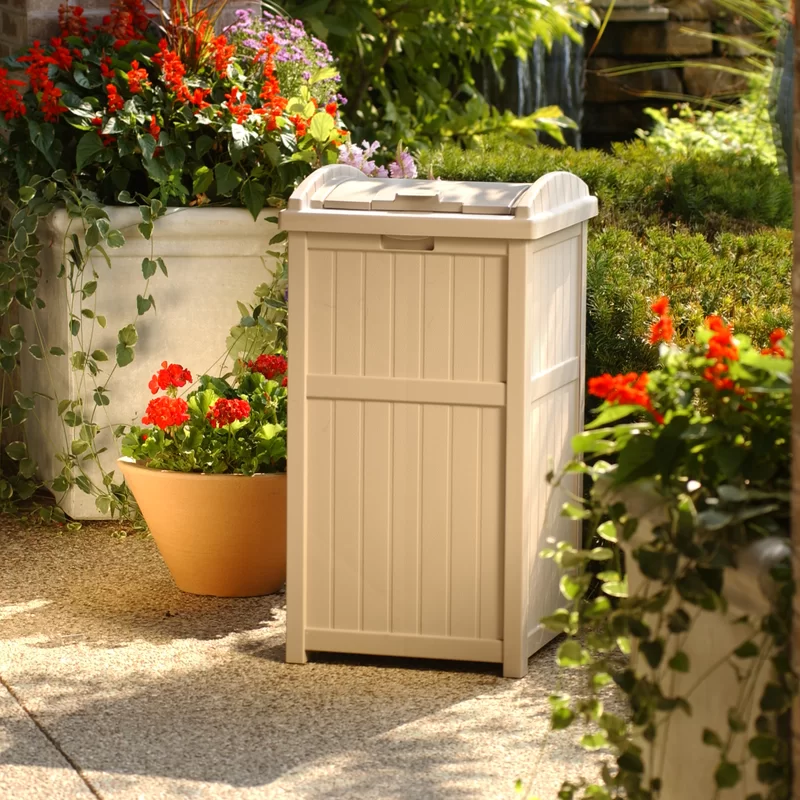 Suncast GH1732 33 Gallon Hideaway Trash Can for Patio – Resin Outdoor Trash with Lid – Use in Backyard, Deck, or Patio – Taupe