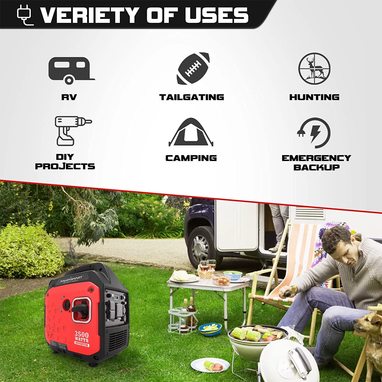 PowerSmart Portable Generator. 3500 Watts Gas Powered Inverter Generator  .For Outdoor Camping & Travel. CARB Compliant