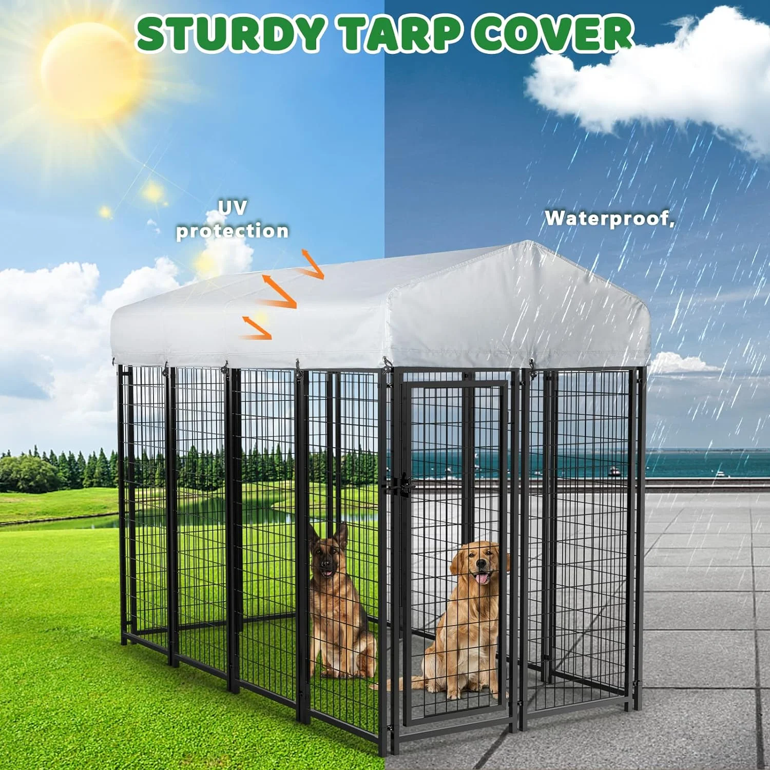 Waleaf 8x4x6 FT Outdoor Dog Kennel for Large Dogs.Large Outdoor Dog Kennel.Pet Dog Run Enclosures for Dog Crate Outdoor Metal Galvanized Welded with Waterproof UV-Resistant Cover and Secure Lock