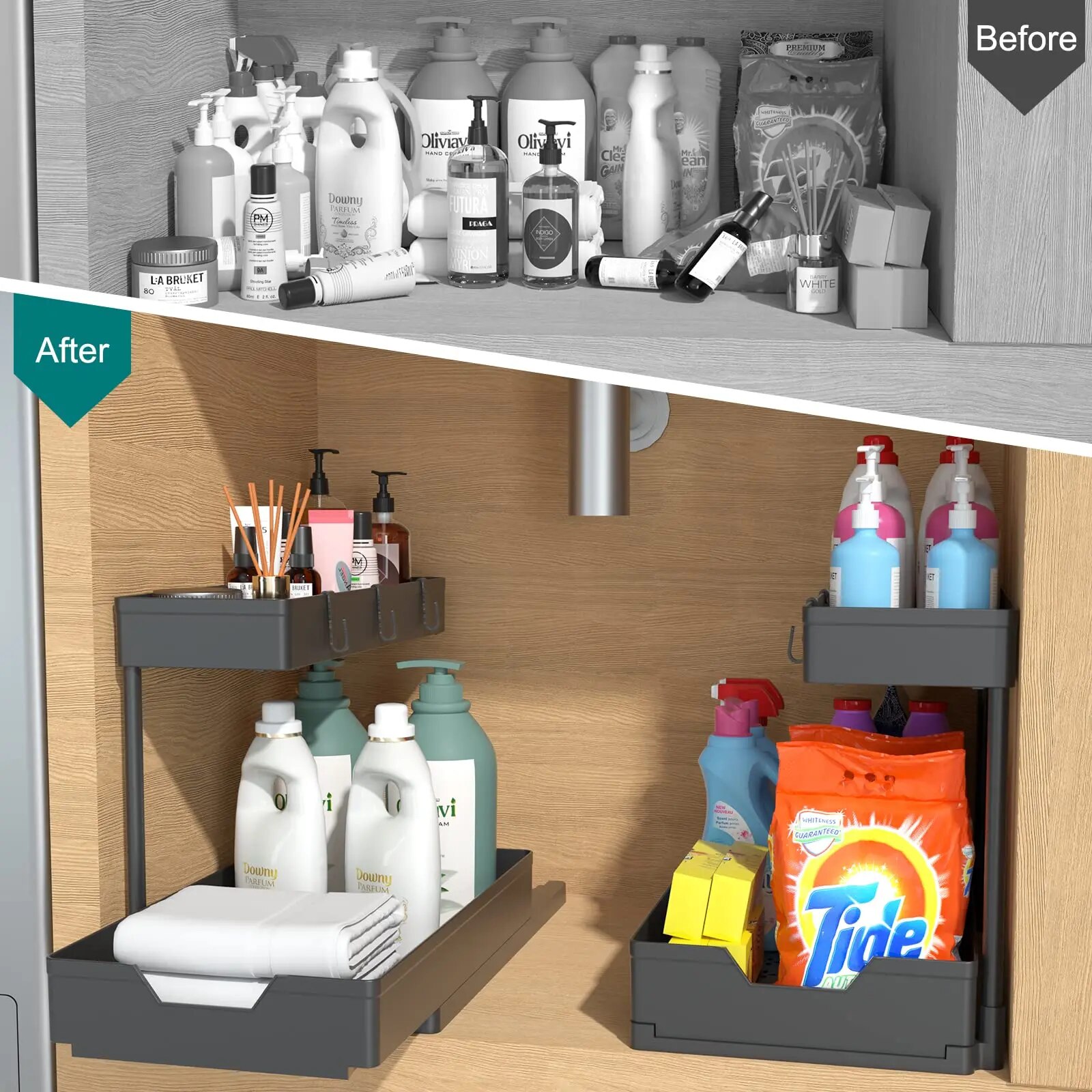 2 tier under sink organizers and storage sliding l shape under bathroom kitchen cabinet organizers narrow space sink organizer 4809