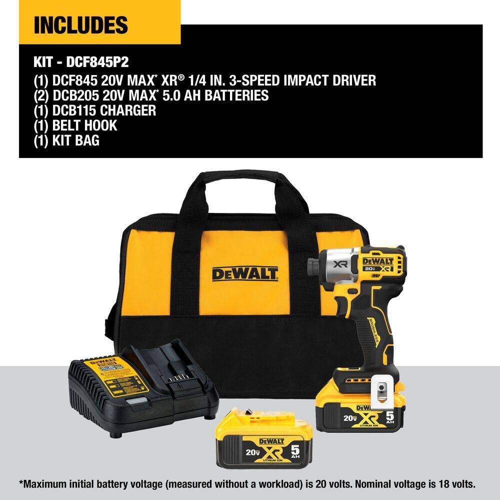 DEWALT DCF845P2 20-Volt MAX XR Lithium-Ion Cordless Brushless 1/4 in. 3-Speed Impact Driver Kit with (2) 5.0 Ah Batteries, Charger & Bag