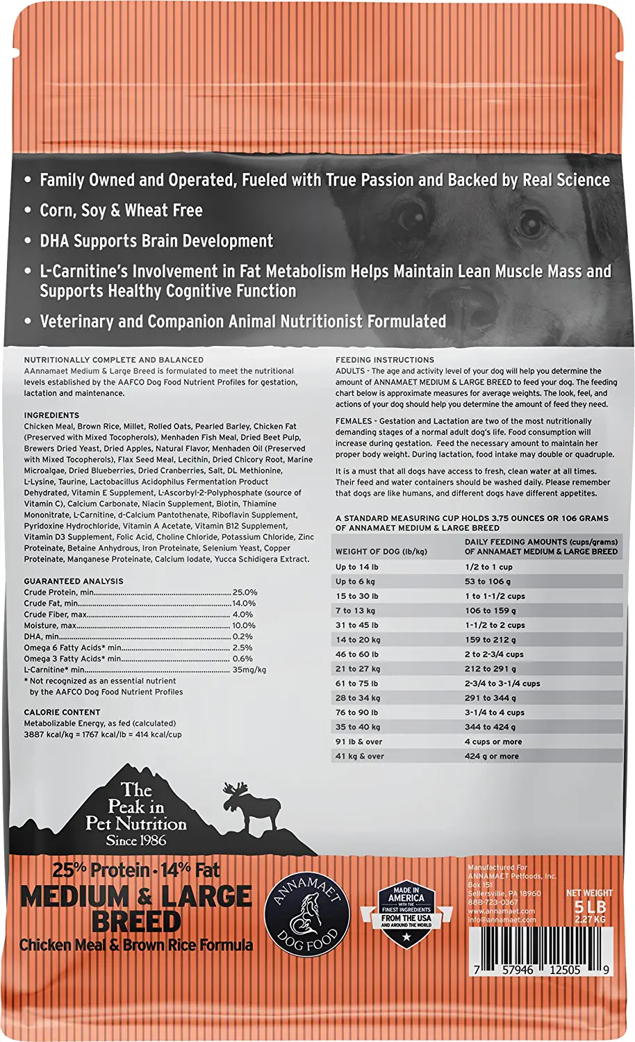 Annamaet Original Medium and Large Breed Formula Dry Dog Food, 25% Protein (Chicken & Brown Rice) – 5 lb. Bag