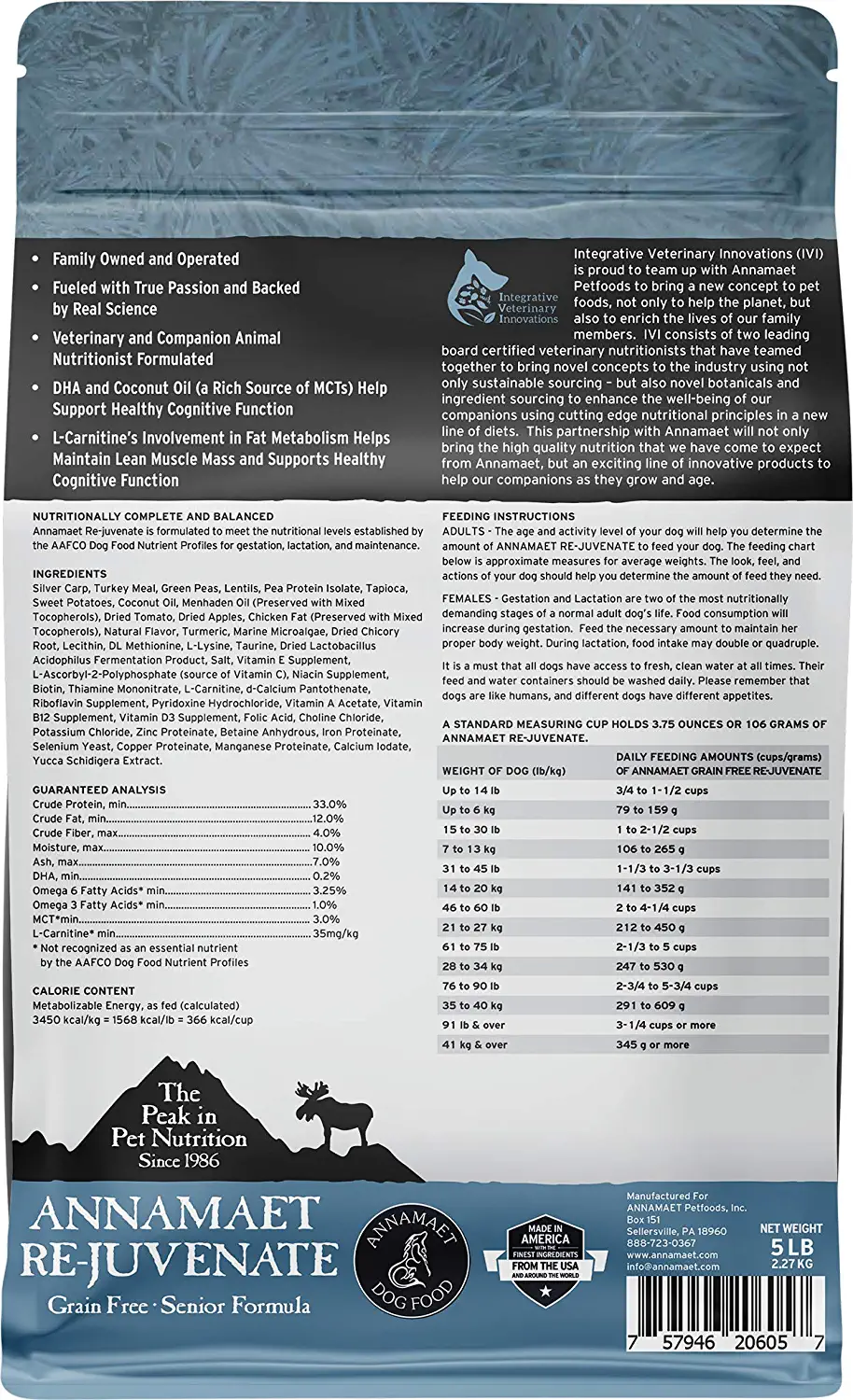 Annamaet Grain-Free Re-Juvenate Senior Formula Dry Dog Food (Fresh Silver Carp & Turkey) 5-lb Bag, Brown