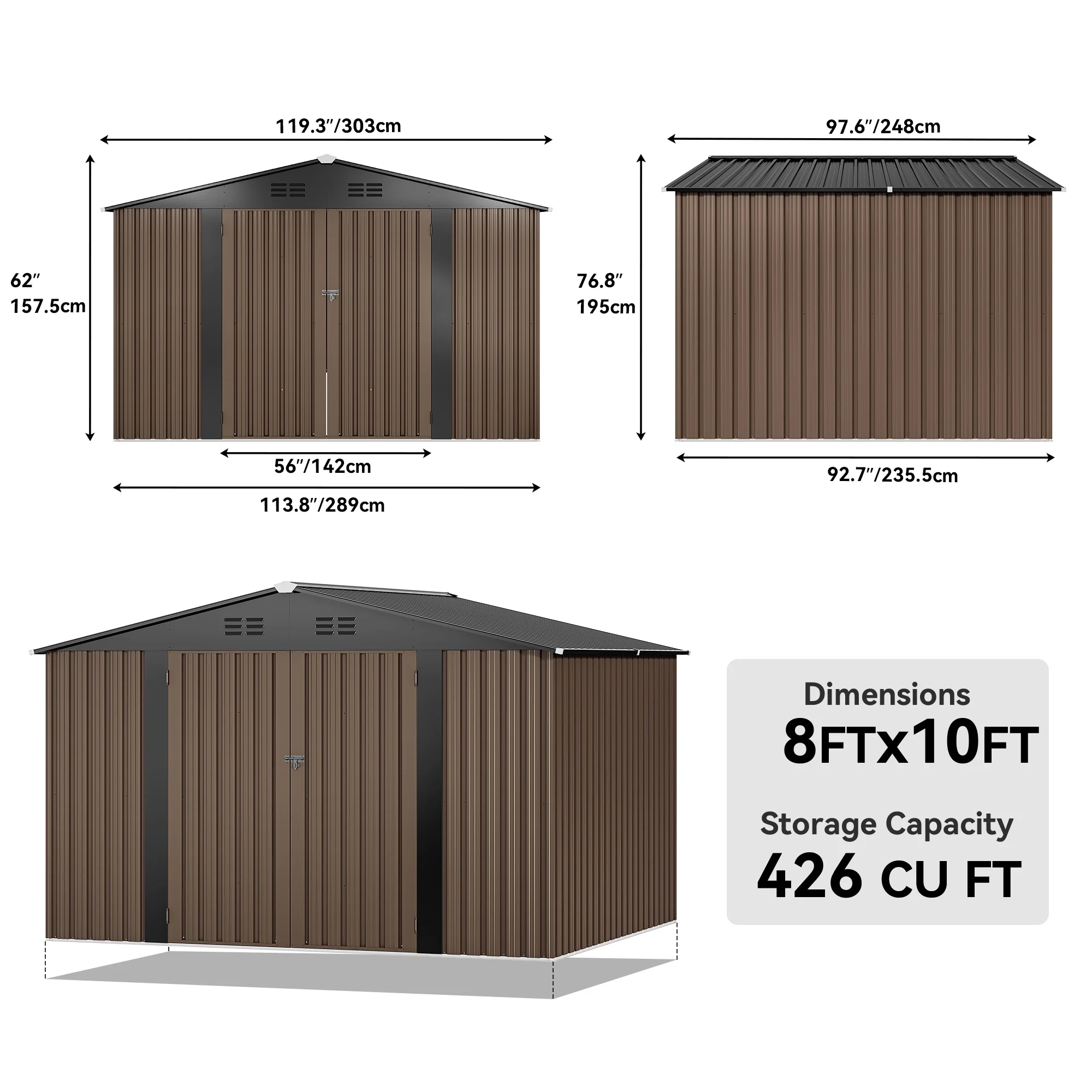 Dextrus 10x8ft Large Outdoor Storage Shed. Heavy Duty Tool Metal Storage Sheds House with Lockable Doors & Air Vent