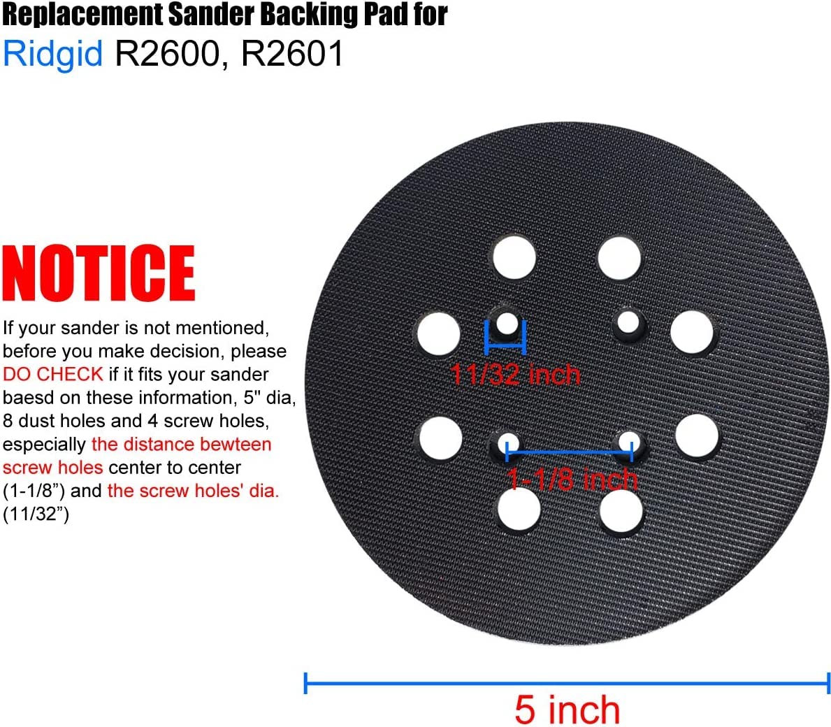 2 pack 5 inch 8 hole hook and loop sander pad for ridgid r2600 r2601