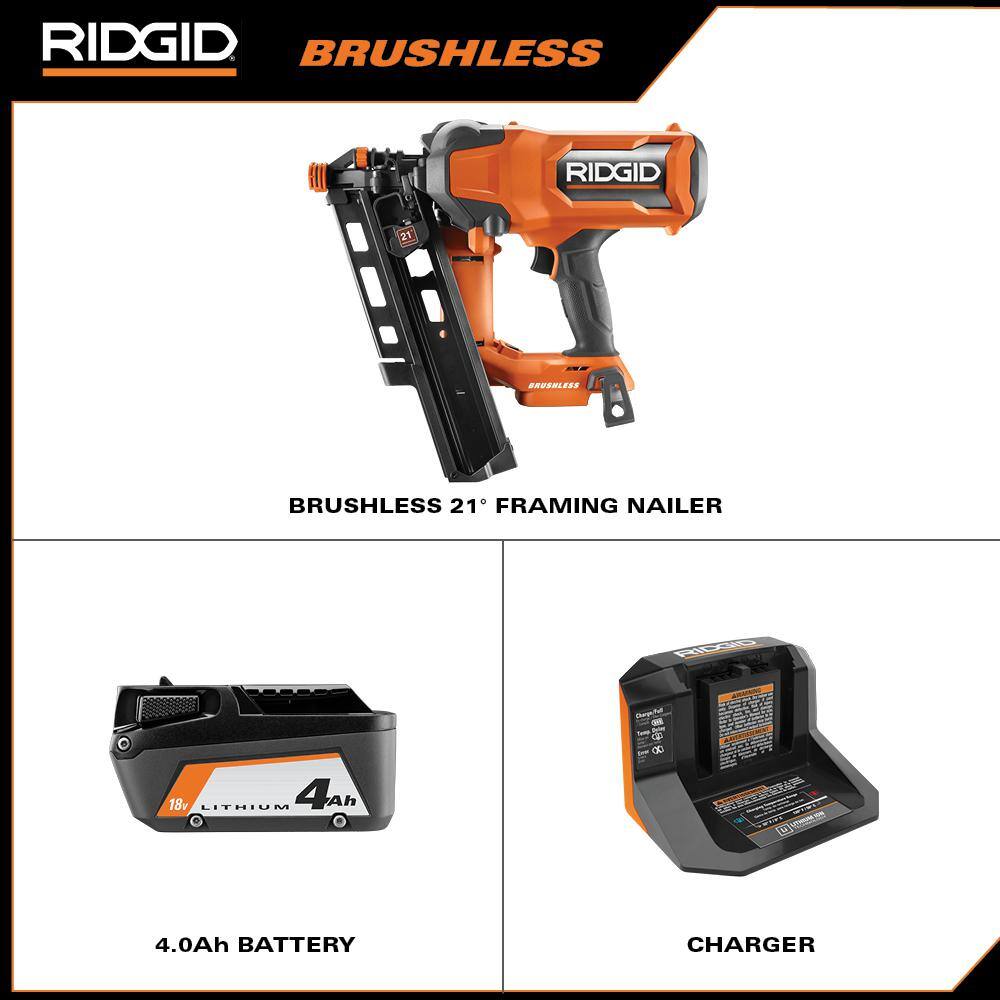 RIDGID R09894KN-AC840040 18V Brushless Cordless 21° 3-1/2 in. Framing Nailer Kit with 4.0 Ah Battery, Charger, and 4.0 Ah MAX Output Battery