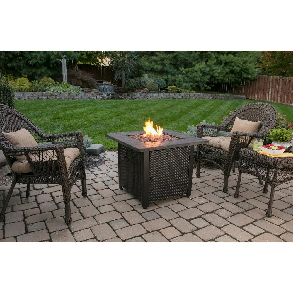 Endless Summer GAD1401M 30 in. W Bronze Finish Steel Base Faux Slate Mantel LP Gas Fire Pit with Electronic Igition and Lava Rocks