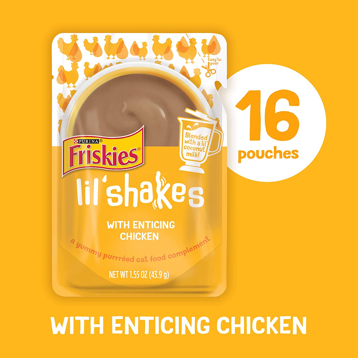 Purina Friskies Pureed Topper Lil’ Shakes With Enticing Chicken Cat Food, 1.55-oz bag, Case of 16
