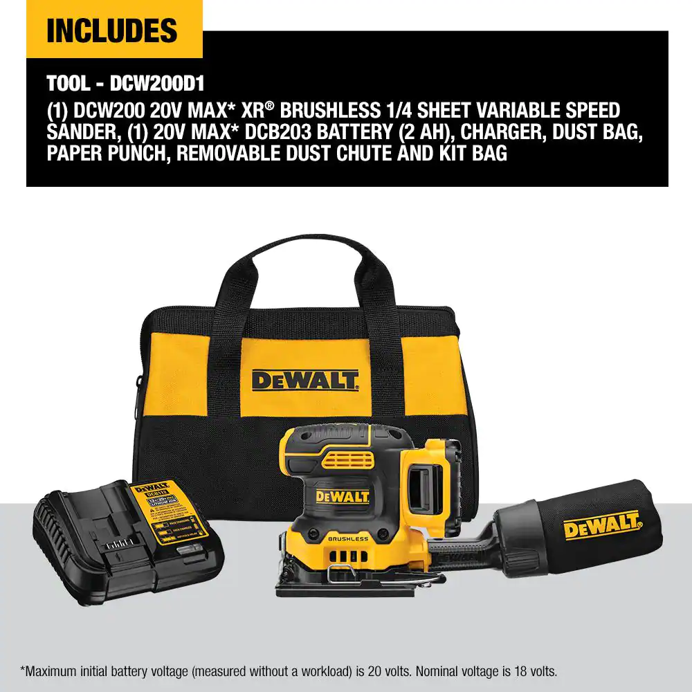 DEWALT DCW200D1 20-Volt MAX XR Cordless Brushless 1/4 Sheet Variable Speed Sander with (1) 20-Volt Battery 2.0Ah & Charger