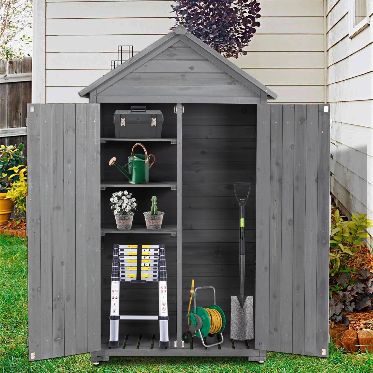 Outdoor Storage Cabinet. Garden Wood Tool Shed. Outside Wooden Shed Closet with Shelves and Latch. Vertical Organizer Cabinet with Double Lockable Doors for Yard and Garden. Gray