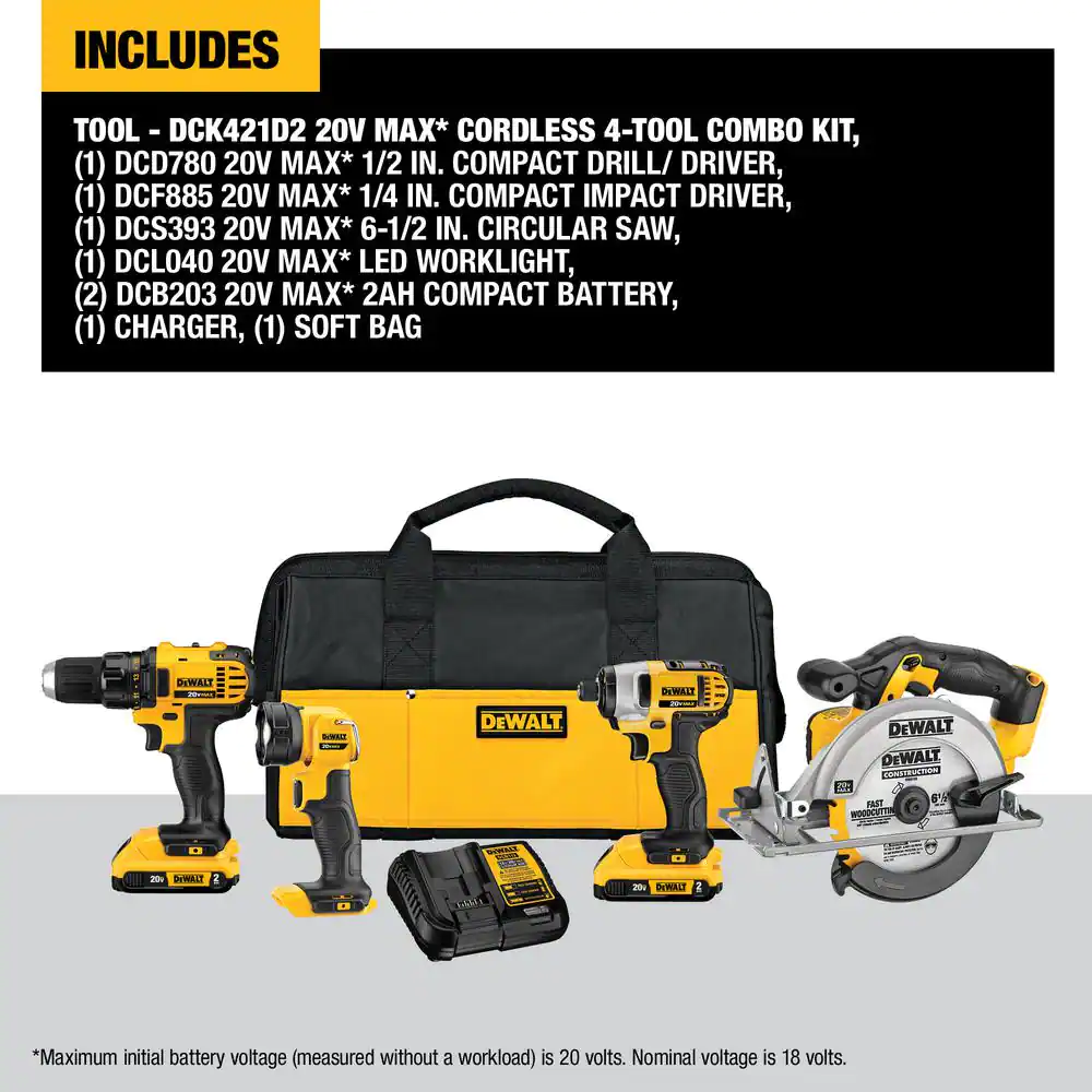 DEWALT DCK421D2 20-Volt MAX Cordless Combo Kit (4-Tool) with (2) 20-Volt 2.0Ah Batteries & Charger