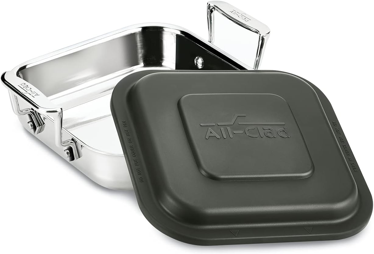 All-Clad Specialty Cookware Stainless Steel and Plastic Square Covered Baking Pan 8 x 8 Inch Rounded Edges, Upright Handles, BPA Free Plastic Lid, Oven Broil Safe 600F Pots and Pans