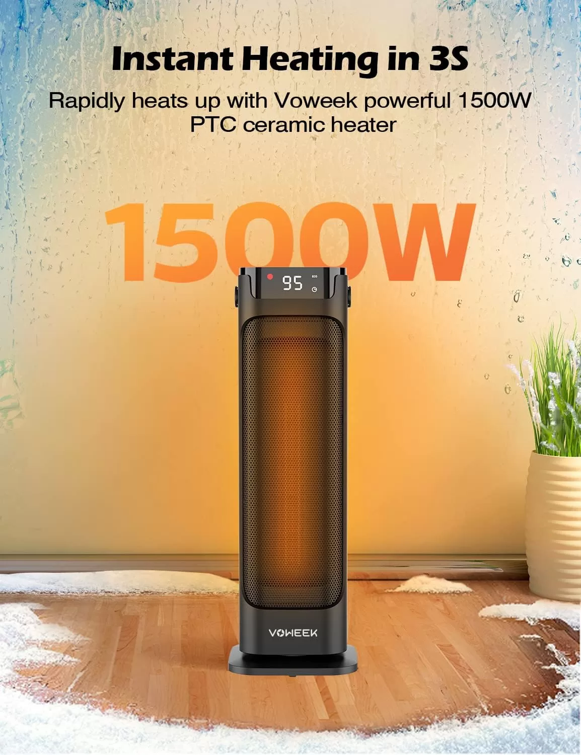 Voweek 24′′ Space Heater, 1500W PTC Fast Heating Ceramic Heater, 12H Timer, 90° Oscillating