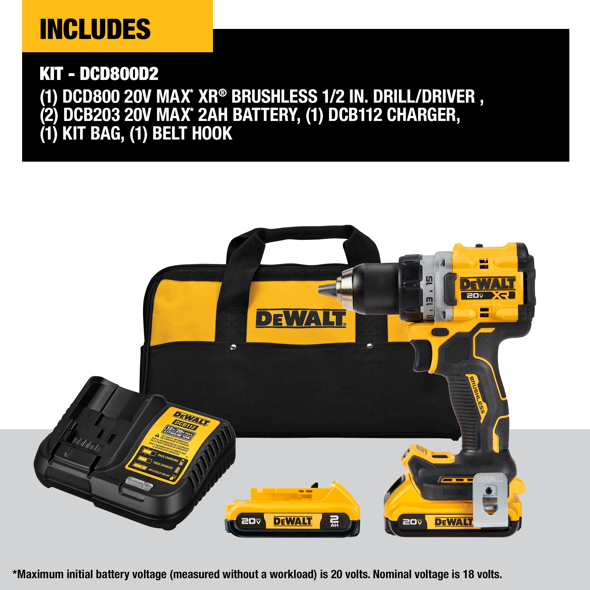 DEWALT DCD800D2 20V MAX XR Brushless Cordless 1/2-in Drill/Driver Kit