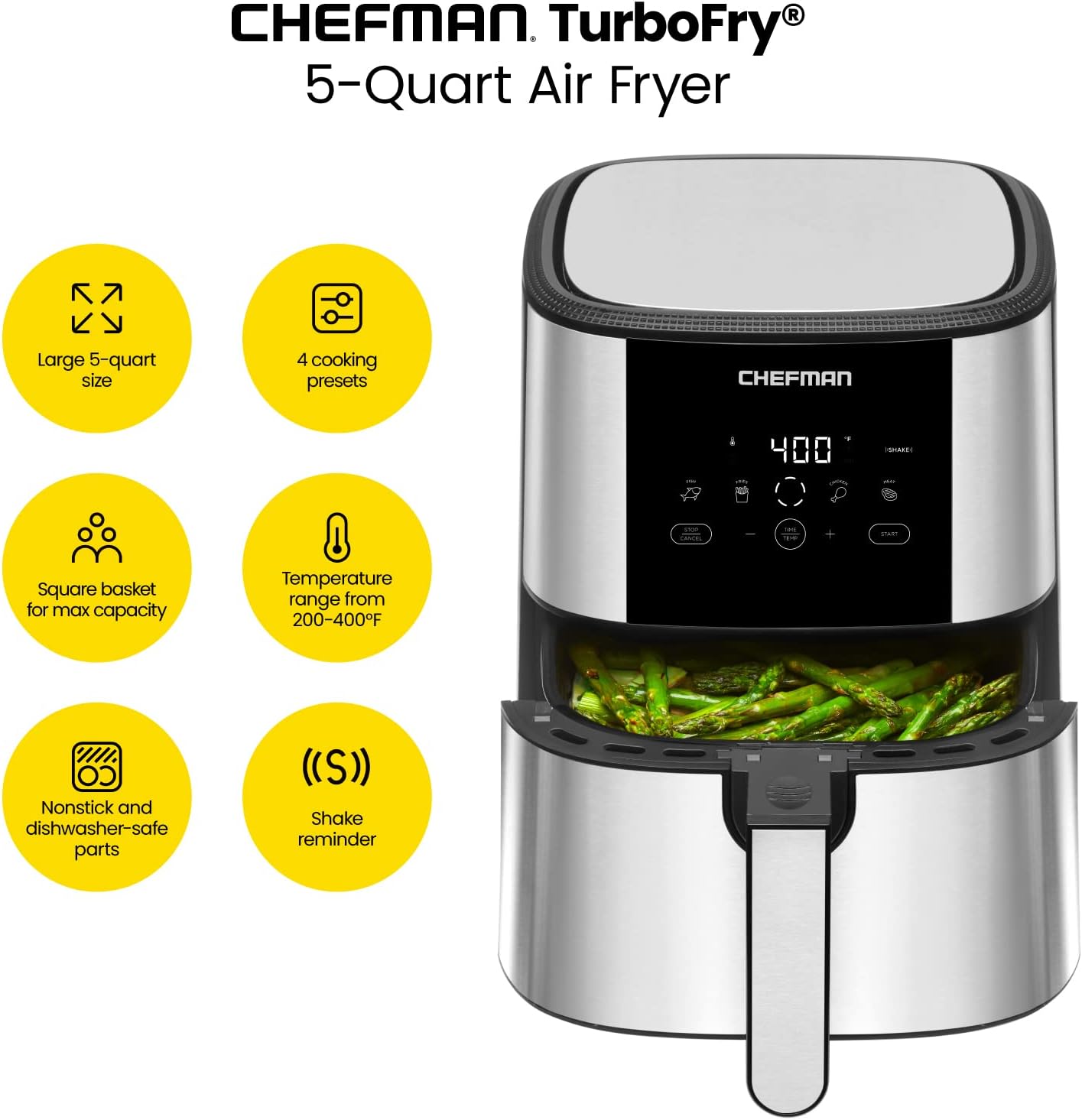 Chefman TurboFry Touch Air Fryer, Large 5-Quart Family Size, One Touch Digital Control Presets, French Fries, Chicken, Meat, Fish, Nonstick Dishwasher-Safe Parts, Automatic Shutoff, Stainless Steel