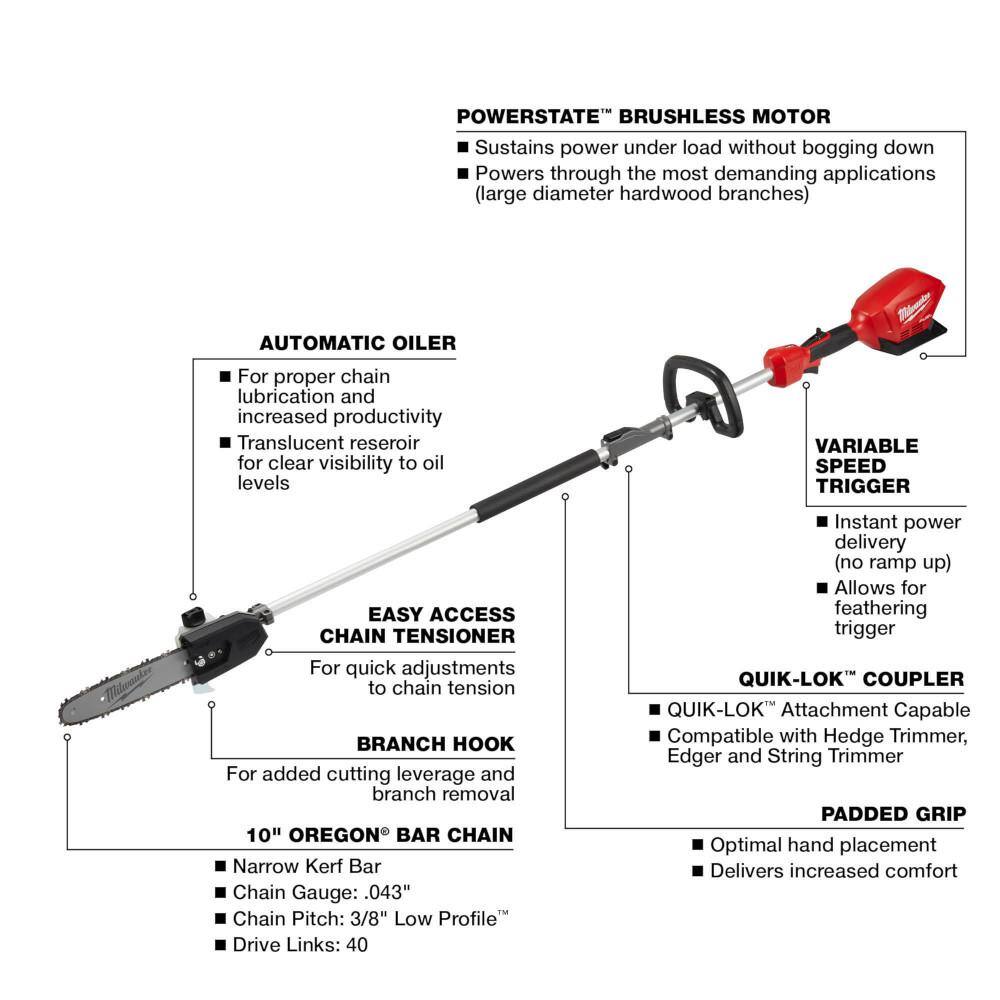 Milwaukee 2825-20PS-49-16-2723-49-16-2723 M18 FUEL 10 in. 18V Lithium-Ion Brushless Electric Cordless Pole Saw w/ Attachment Capability with Two 10 in. Saw Chain