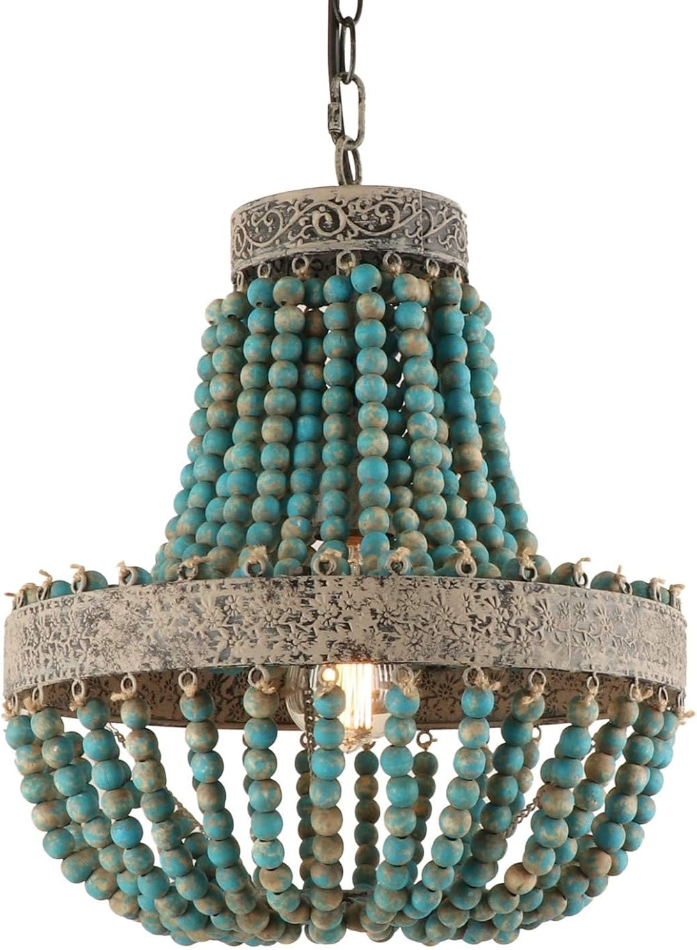 1-Light Wood beaded Chandelier, Mini Sized Rustic Farmhouse Bohemian ...
